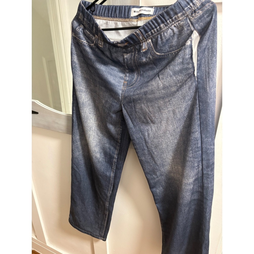 Mila Rosabella Trompe L'oeil Denim Print Sweatpants Blue Wide Leg Joggers Large